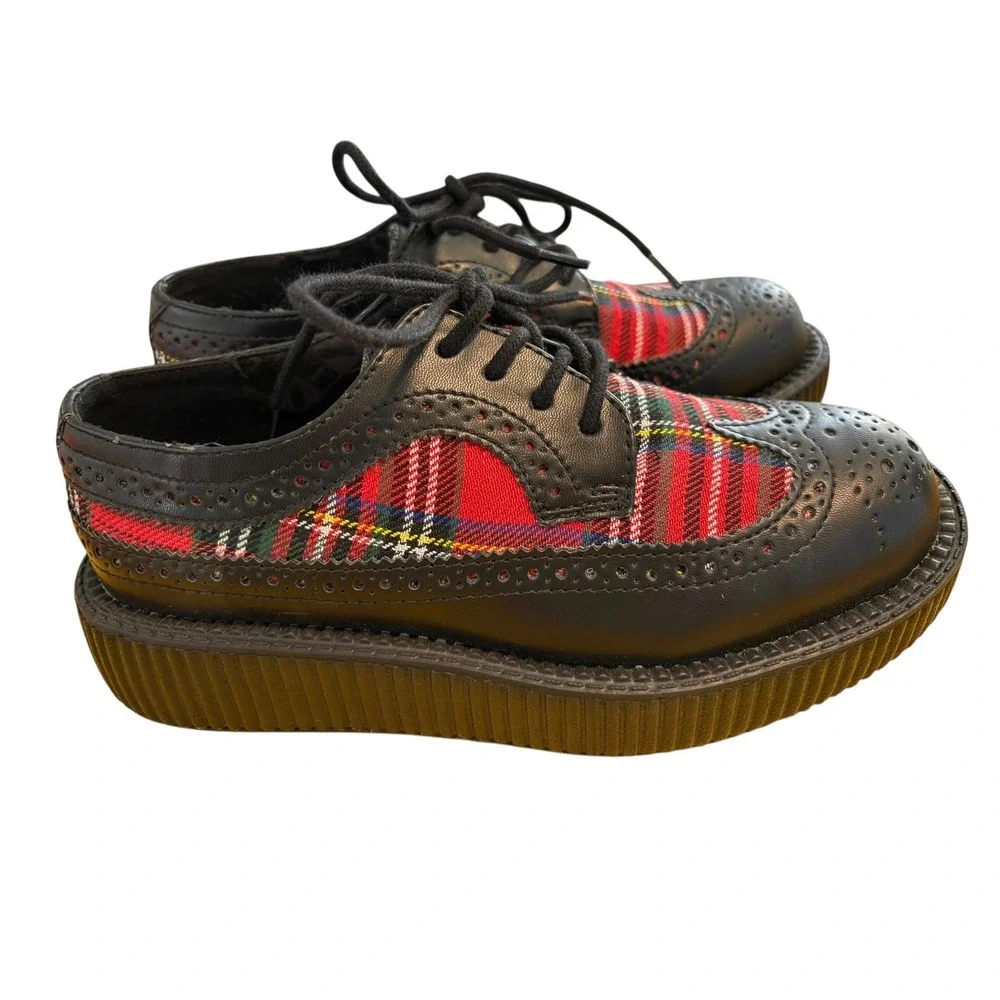 T.U.K. Red Plaid Wingtip Creeper Shoes Black Platform Brogue Womens 6 Mens 4